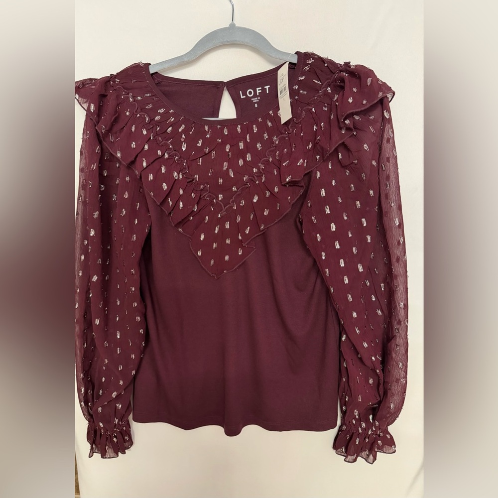 LOFT Burgundy Ruffle Neck Blouse Sheer Metallic Sleeves Small NWT
